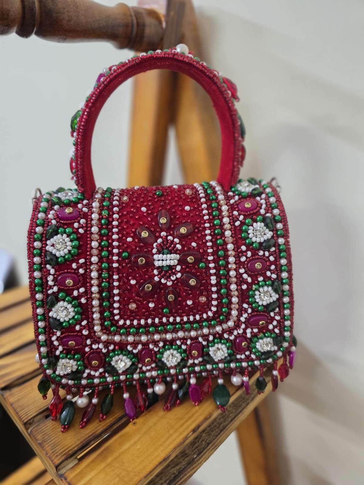 Hand-Embroidered Mini Bridal Wedding Bag - Red Beaded Designer Purse for Brides