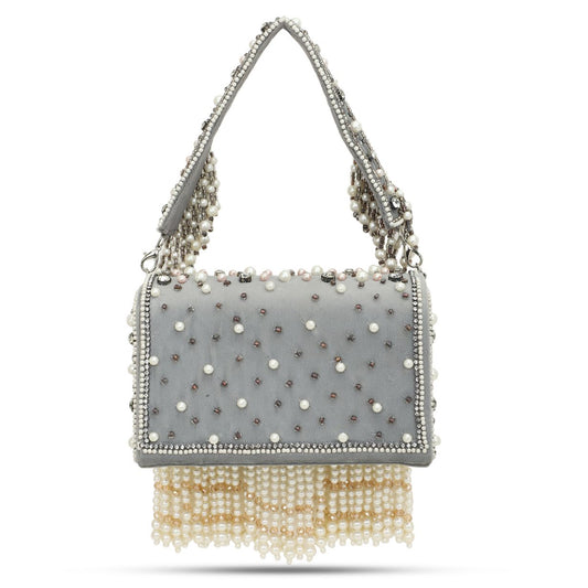 Bead Tassel Grey Velvet Box Party Flap Bag