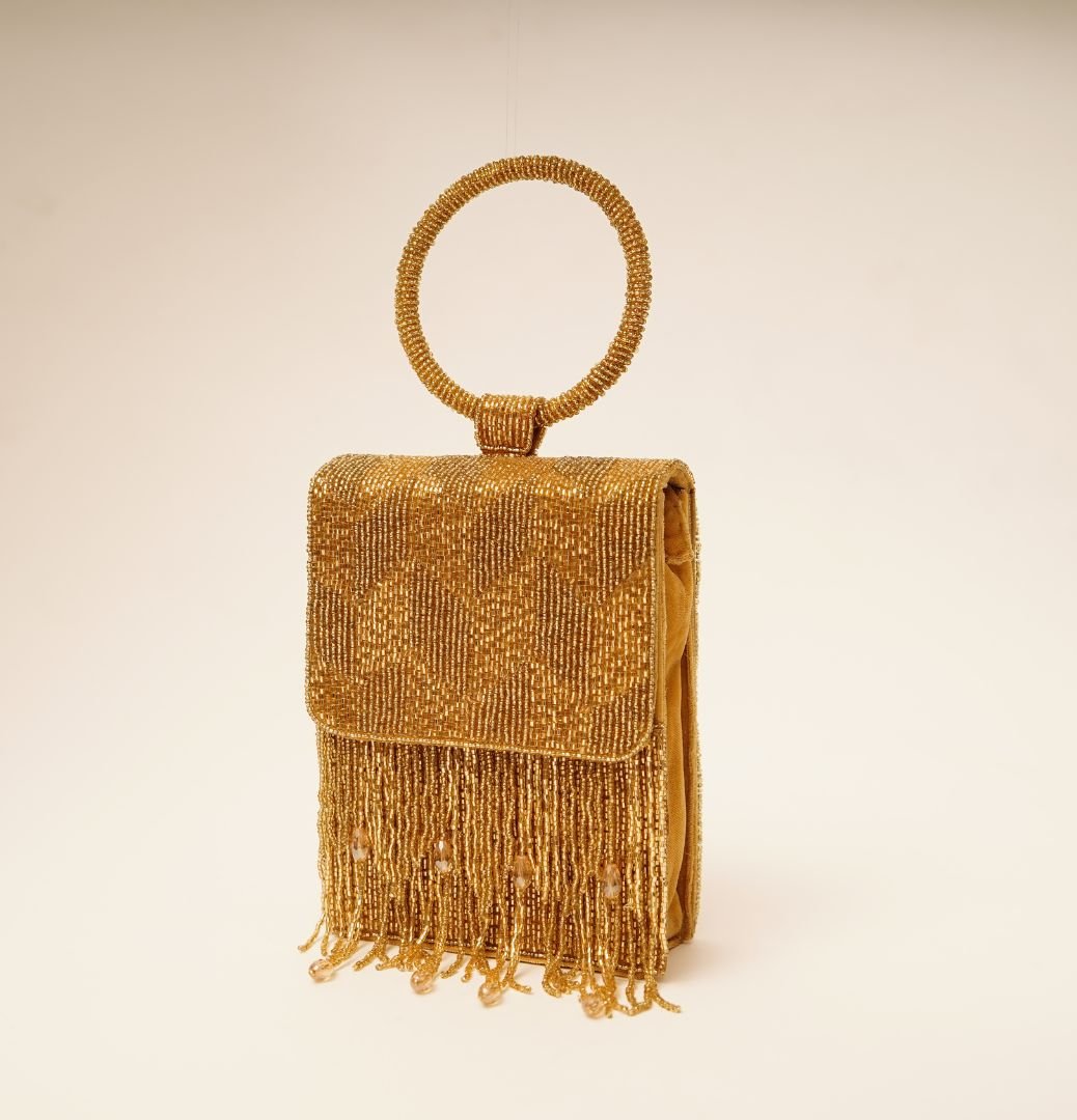 Golden Vertical Embroidery Flap HandBag with Ring Handle